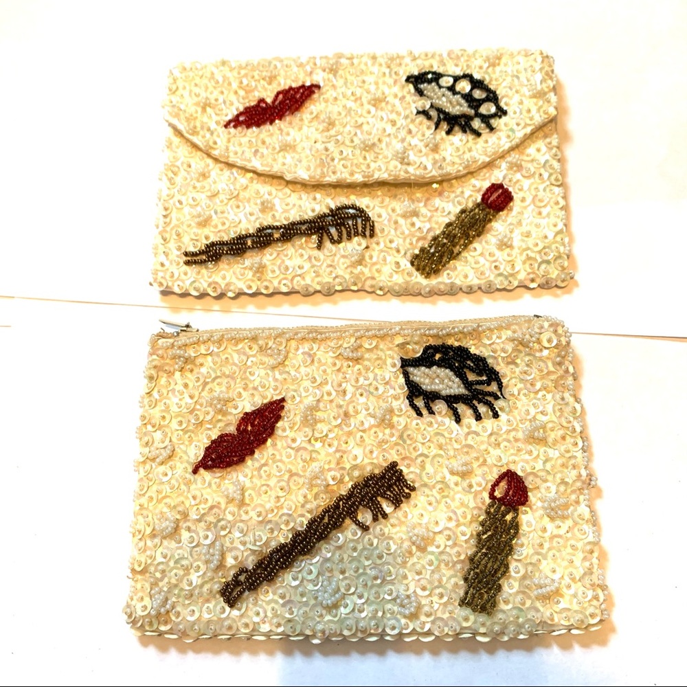 Vintage White Beaded Makeup Pouch & Wallet Gimbel